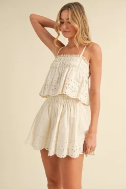Waitlist 4/30 ♥ Saylor Sleeveless Embroidered Top And Lace Trim Shorts Set Cream