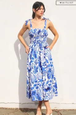 Waitlist 4/23 ♥ Sierra Sleeveless Shoulder Tie Seashell Print Midi Dress Blue