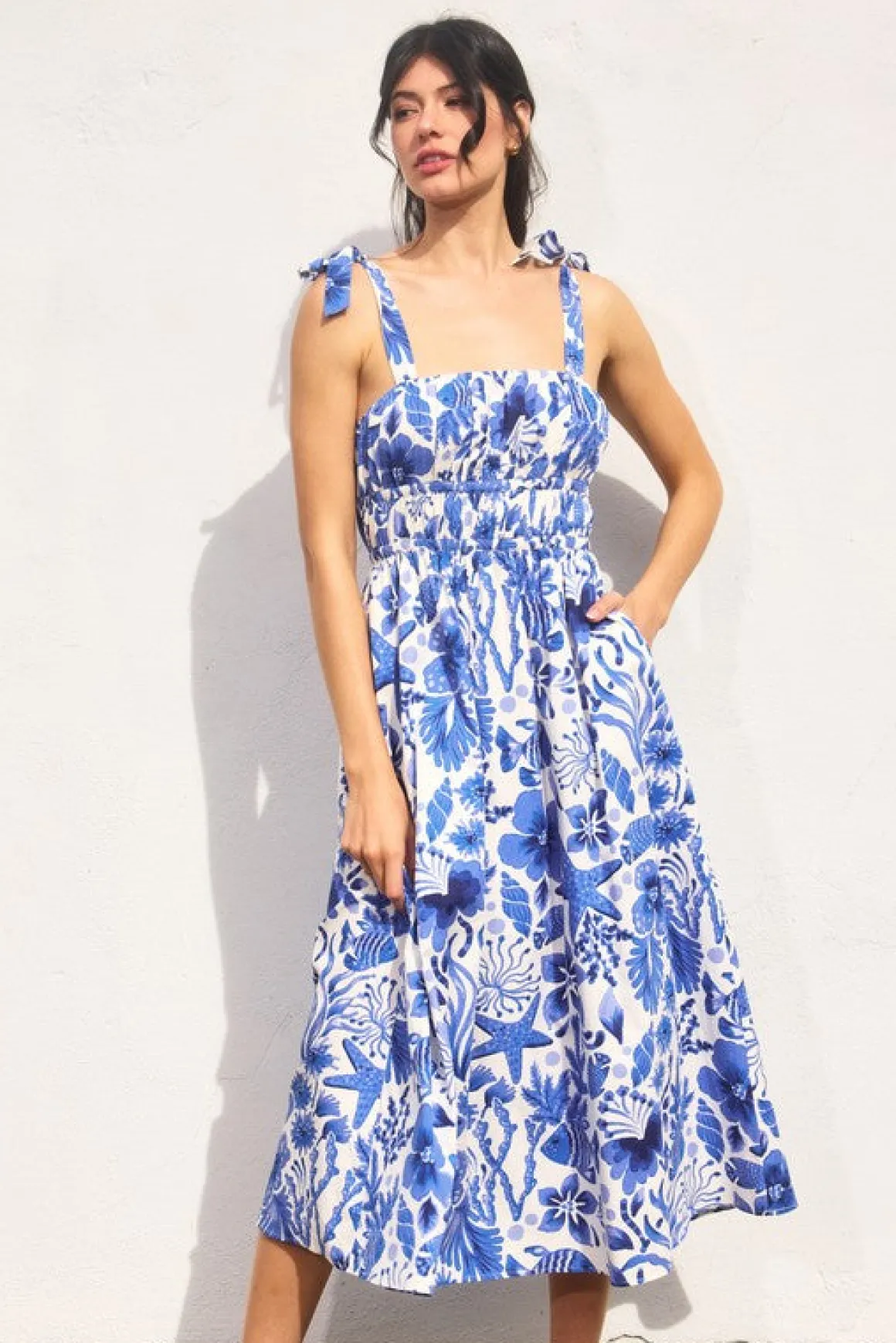 Waitlist 4/23 ♥ Sierra Sleeveless Shoulder Tie Seashell Print Midi Dress Blue