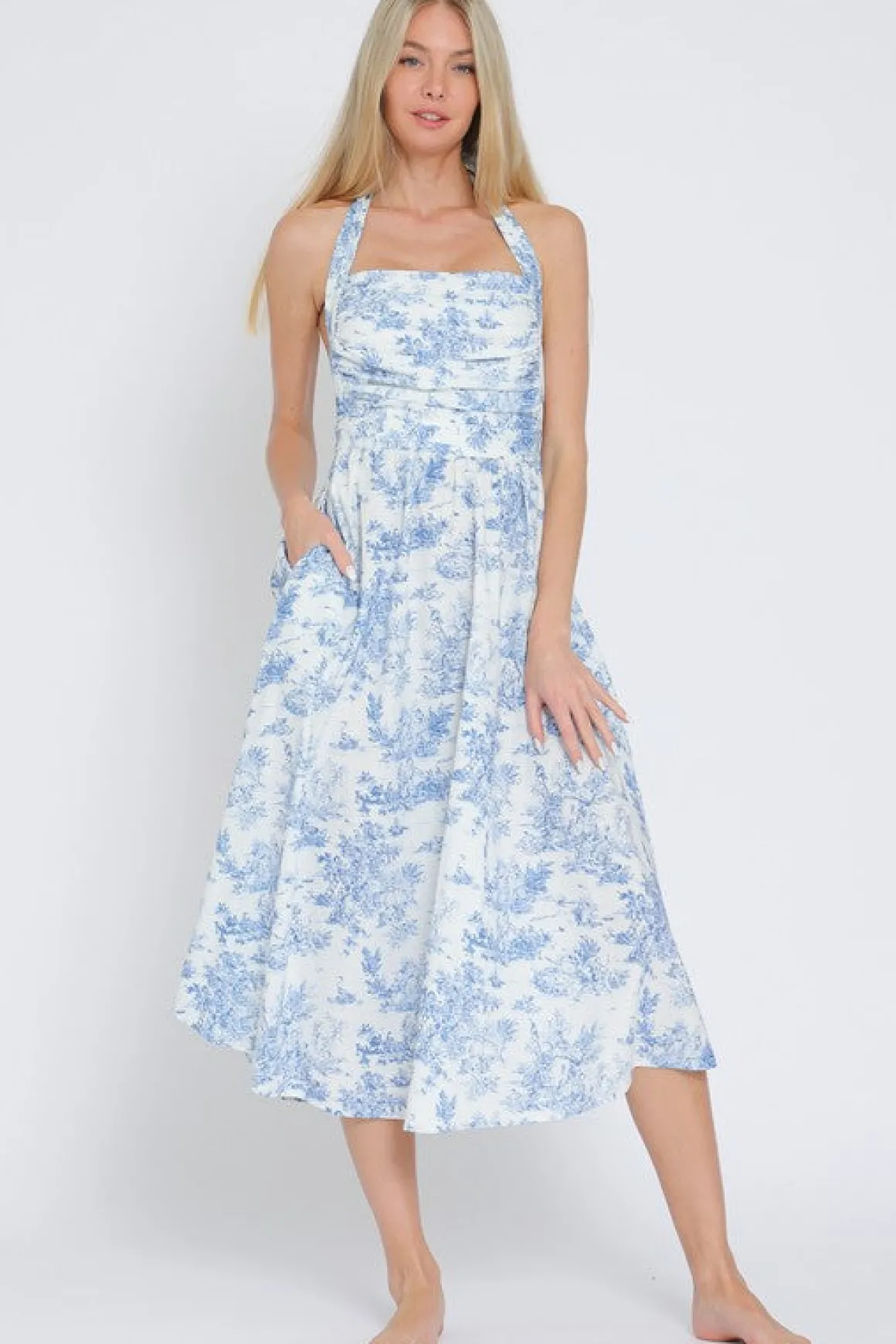 Waitlist 4/15 ♥ Sloan Sleeveless Halter Back Tie Abstract Print Midi Dress Blue