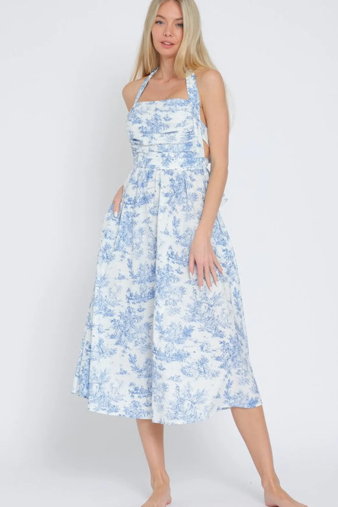 Waitlist 4/15 ♥ Sloan Sleeveless Halter Back Tie Abstract Print Midi Dress Blue