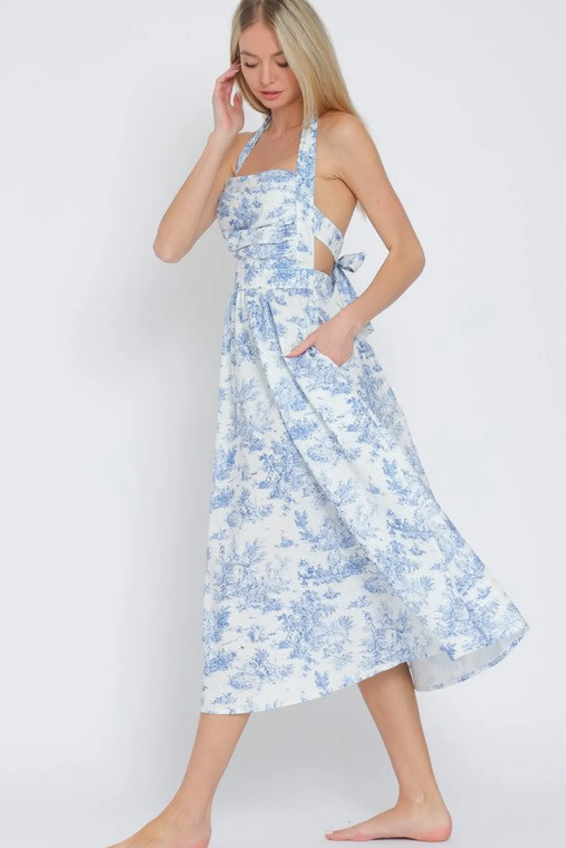 Waitlist 4/15 ♥ Sloan Sleeveless Halter Back Tie Abstract Print Midi Dress Blue