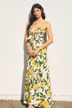 Waitlist 6/5 ♥ Sonia Sleeveless Back Tie Lemon Print Maxi Dress Yellow