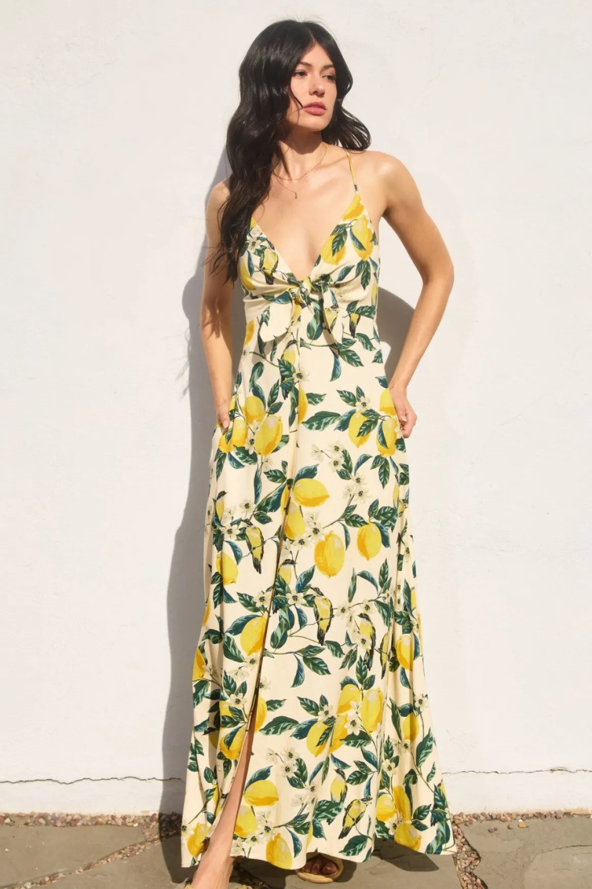 Waitlist 6/5 ♥ Sonia Sleeveless Back Tie Lemon Print Maxi Dress Yellow