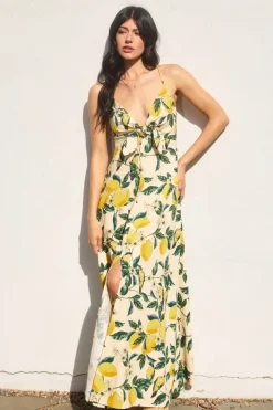 Waitlist 6/5 ♥ Sonia Sleeveless Back Tie Lemon Print Maxi Dress Yellow