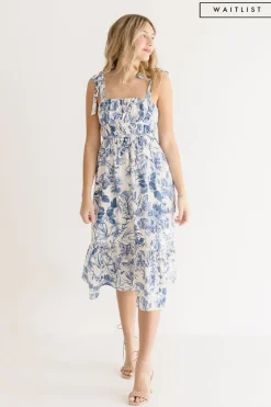 Waitlist 4/23 ♥ Tiara Sleeveless Shoulder Tie Floral Print Midi Dress Blue