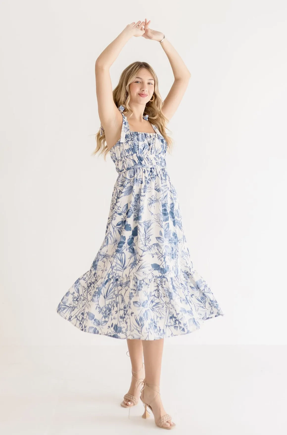 Waitlist 4/23 ♥ Tiara Sleeveless Shoulder Tie Floral Print Midi Dress Blue
