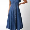 Waitlist 5/10 ♥ Torrance Short Sleeve Button Down Denim Midi Dress Dark Wash