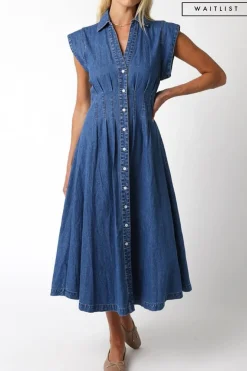 Waitlist 5/10 ♥ Torrance Short Sleeve Button Down Denim Midi Dress Dark Wash