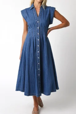 Waitlist 5/10 ♥ Torrance Short Sleeve Button Down Denim Midi Dress Dark Wash