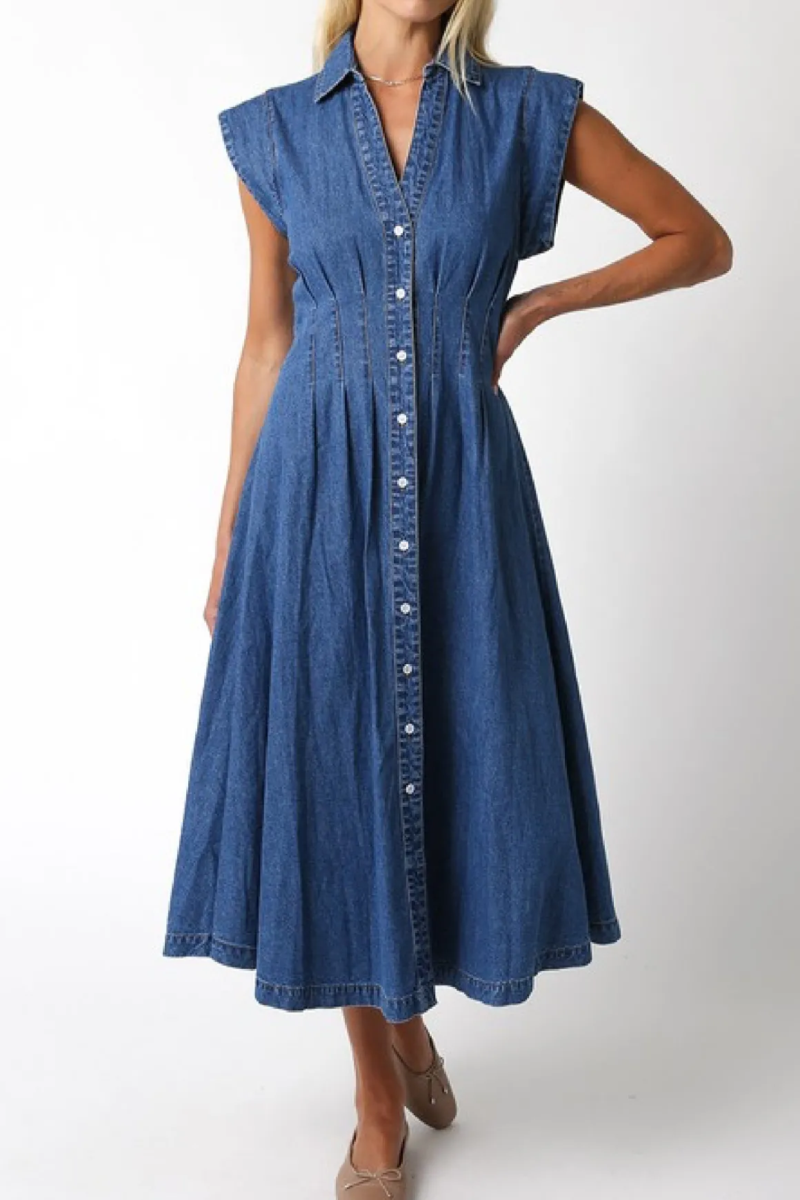 Waitlist 5/10 ♥ Torrance Short Sleeve Button Down Denim Midi Dress Dark Wash