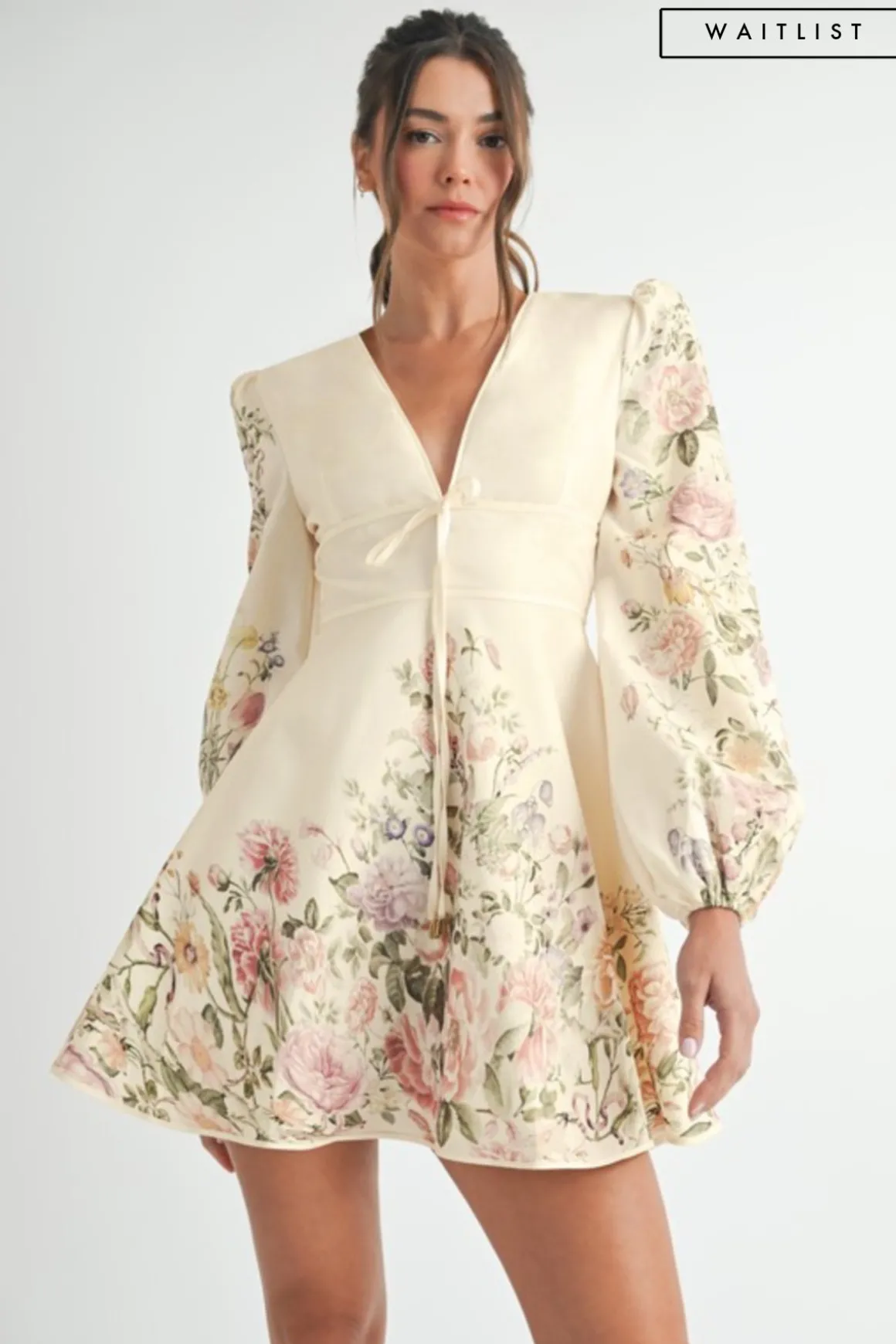 Waitlist 4/2 ♥ Valerie Long Sleeve Floral Print Flared Mini Dress Cream
