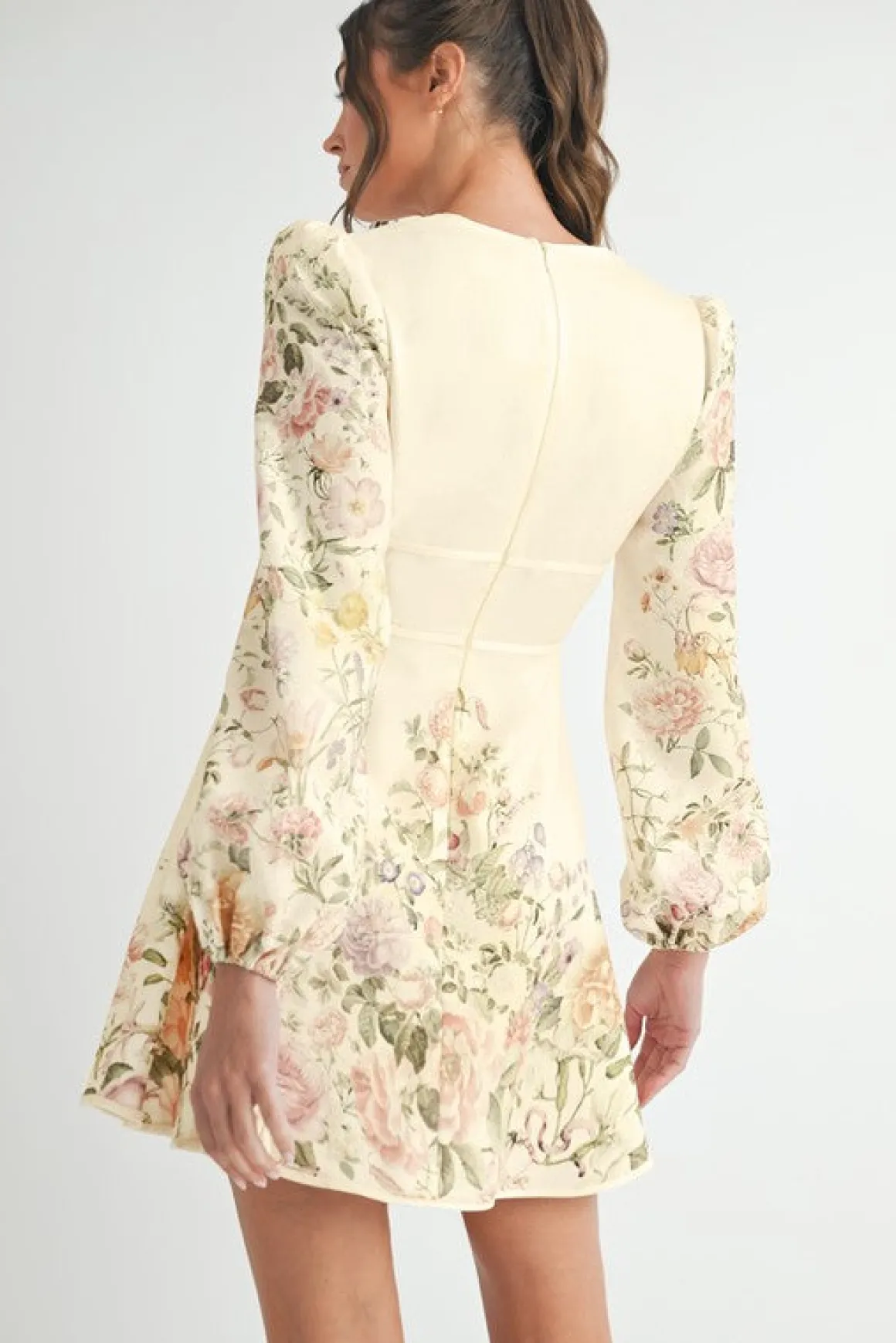 Waitlist 4/2 ♥ Valerie Long Sleeve Floral Print Flared Mini Dress Cream