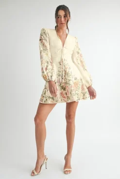 Waitlist 4/2 ♥ Valerie Long Sleeve Floral Print Flared Mini Dress Cream