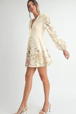 Waitlist 4/2 ♥ Valerie Long Sleeve Floral Print Flared Mini Dress Cream