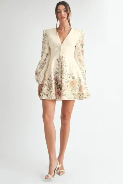 Waitlist 4/2 ♥ Valerie Long Sleeve Floral Print Flared Mini Dress Cream