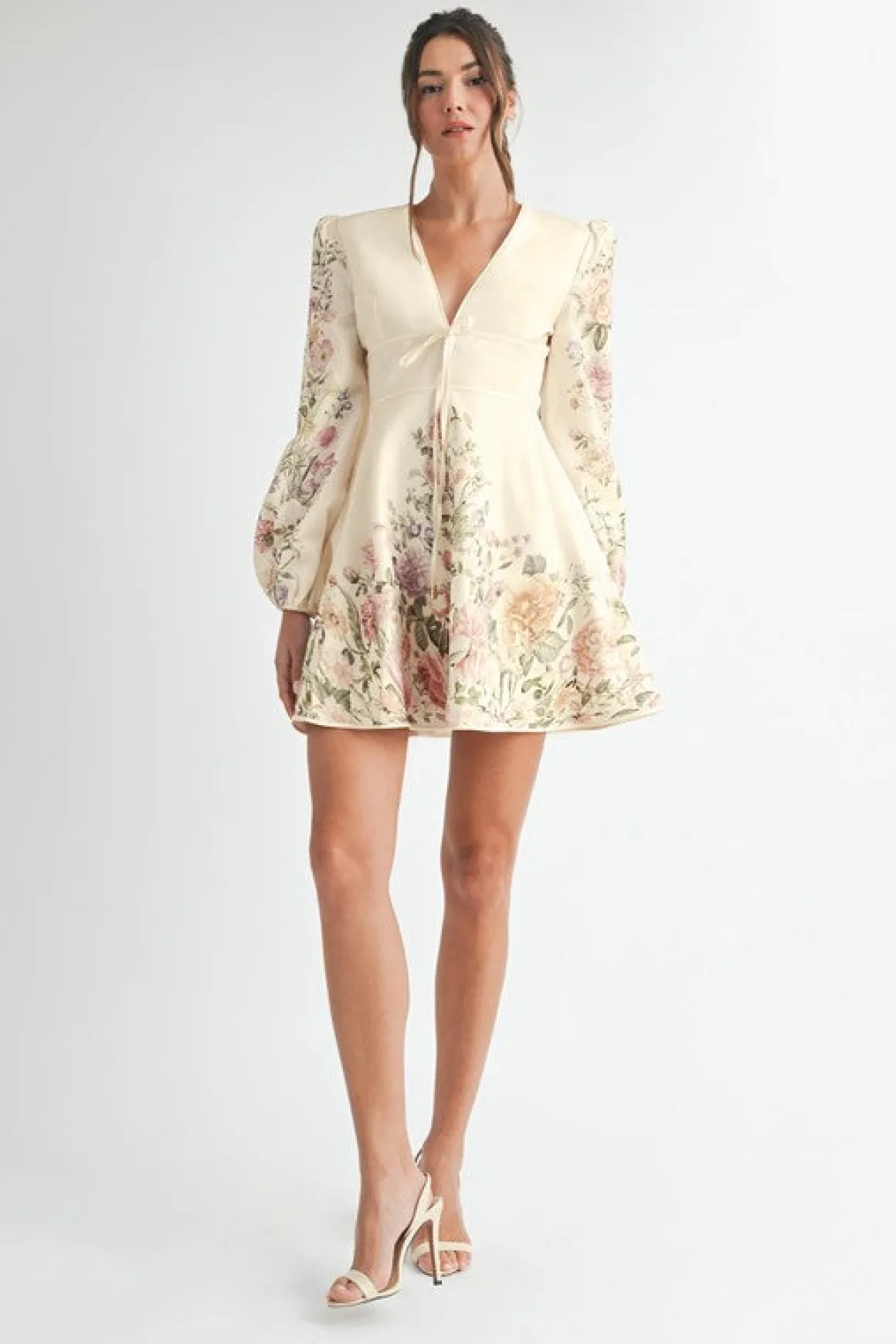 Waitlist 4/2 ♥ Valerie Long Sleeve Floral Print Flared Mini Dress Cream