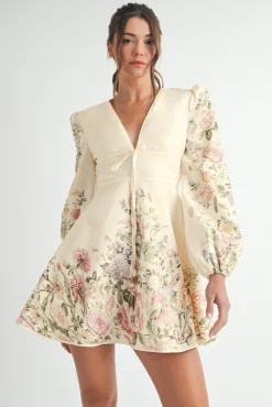 Waitlist 4/2 ♥ Valerie Long Sleeve Floral Print Flared Mini Dress Cream