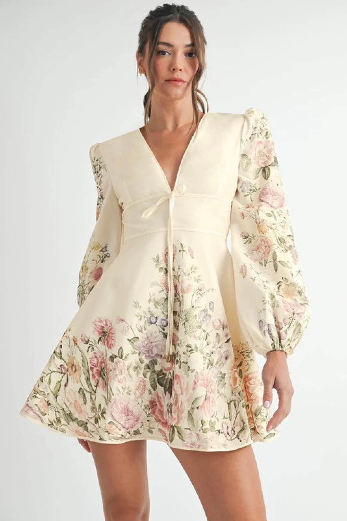 Waitlist 4/2 ♥ Valerie Long Sleeve Floral Print Flared Mini Dress Cream