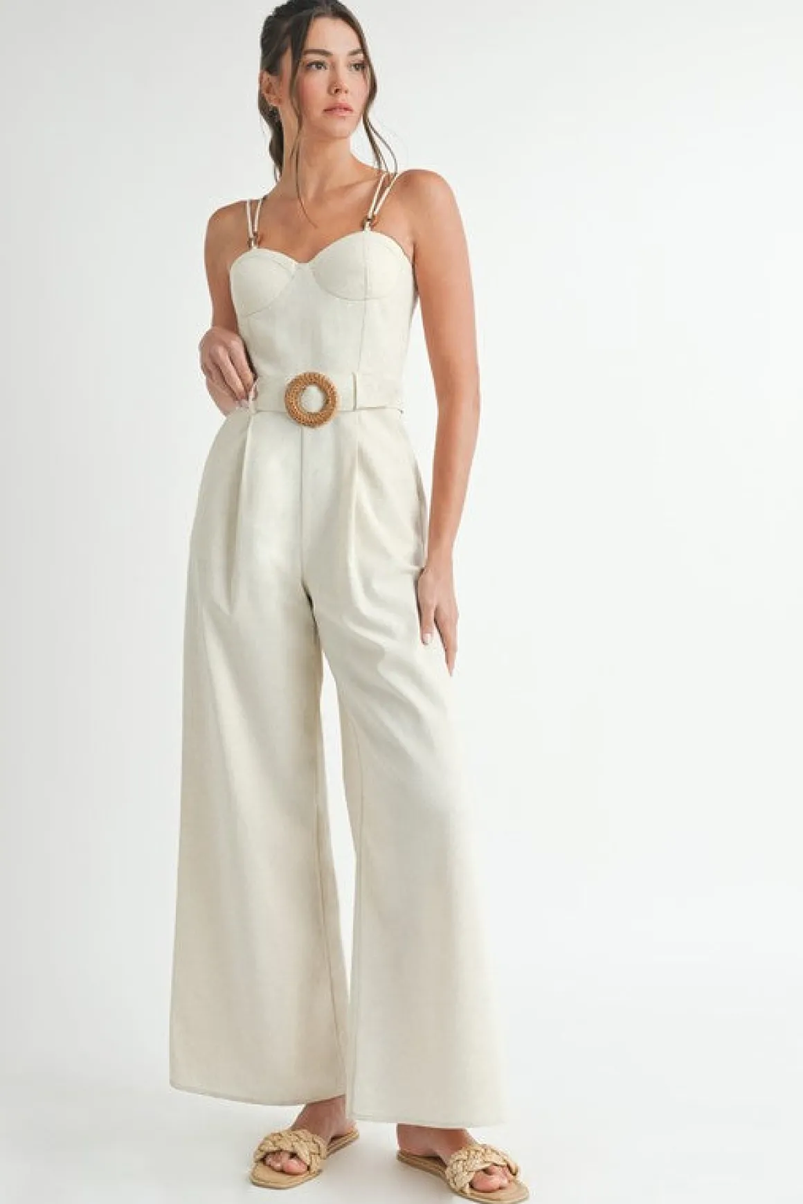 Waitlist 4/2 ♥ Wren Sleeveless Belted Linen Wide Leg Jumpsuit Natural