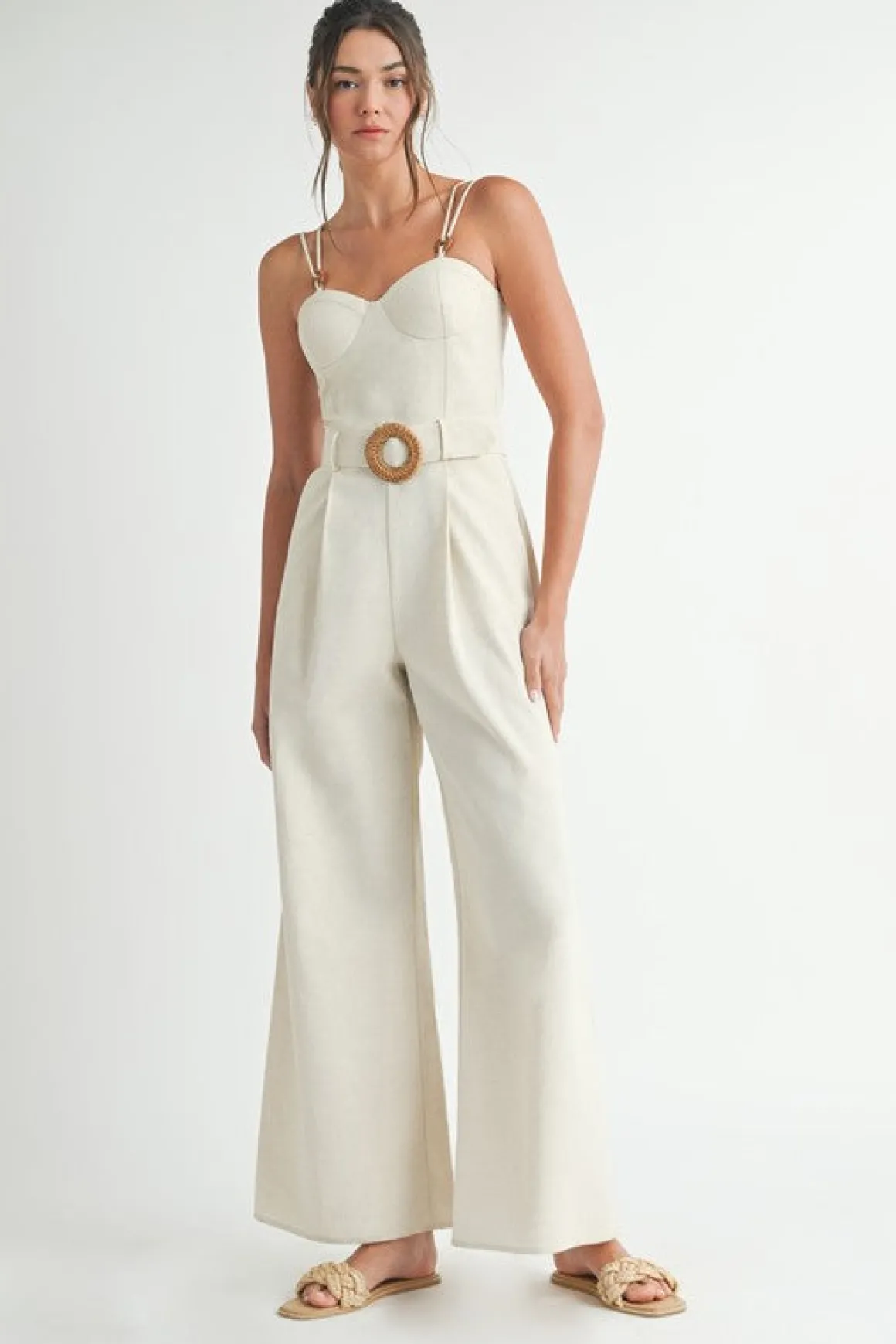 Waitlist 4/2 ♥ Wren Sleeveless Belted Linen Wide Leg Jumpsuit Natural