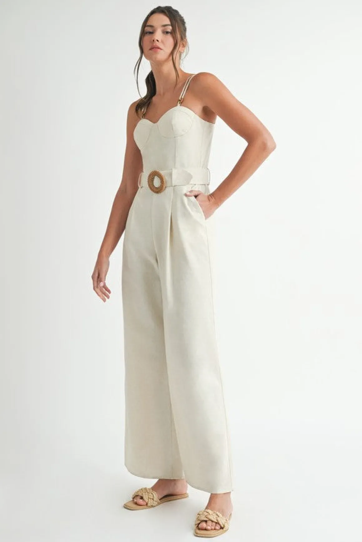 Waitlist 4/2 ♥ Wren Sleeveless Belted Linen Wide Leg Jumpsuit Natural