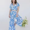Wendy Short Sleeve Crop Top And Leaf Print Wide Leg Pants Set Blue