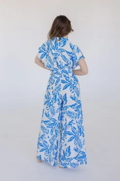 Wendy Short Sleeve Crop Top And Leaf Print Wide Leg Pants Set Blue