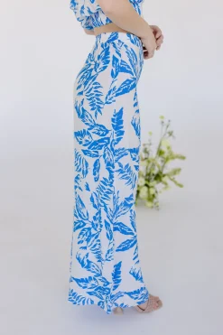 Wendy Short Sleeve Crop Top And Leaf Print Wide Leg Pants Set Blue