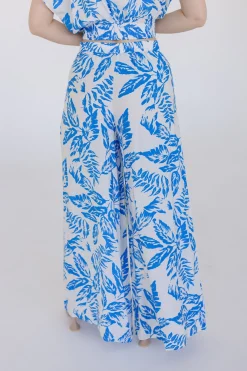 Wendy Short Sleeve Crop Top And Leaf Print Wide Leg Pants Set Blue