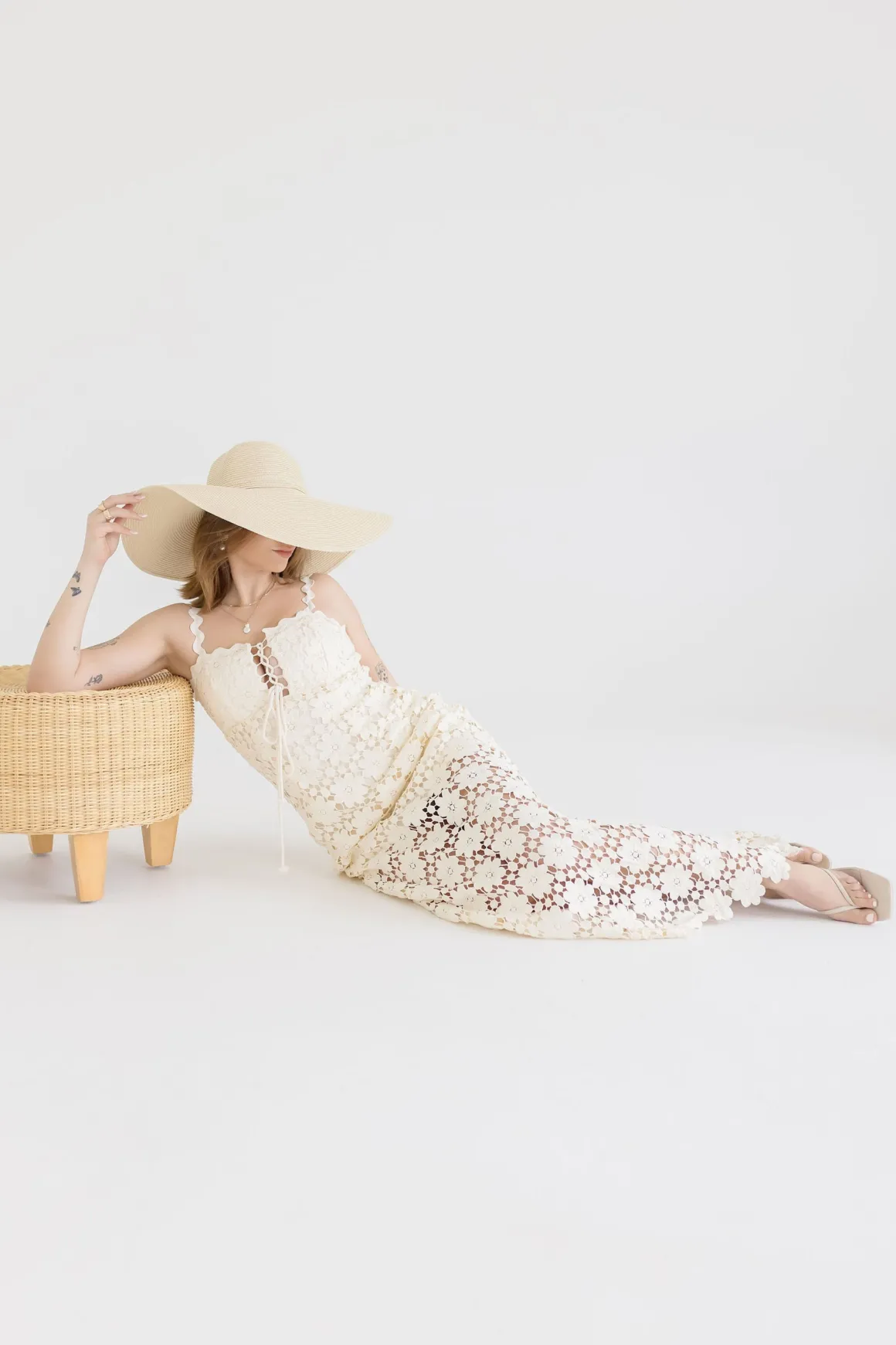 Wilder Sleeveless Crochet Floral Lace Maxi Dress Natural