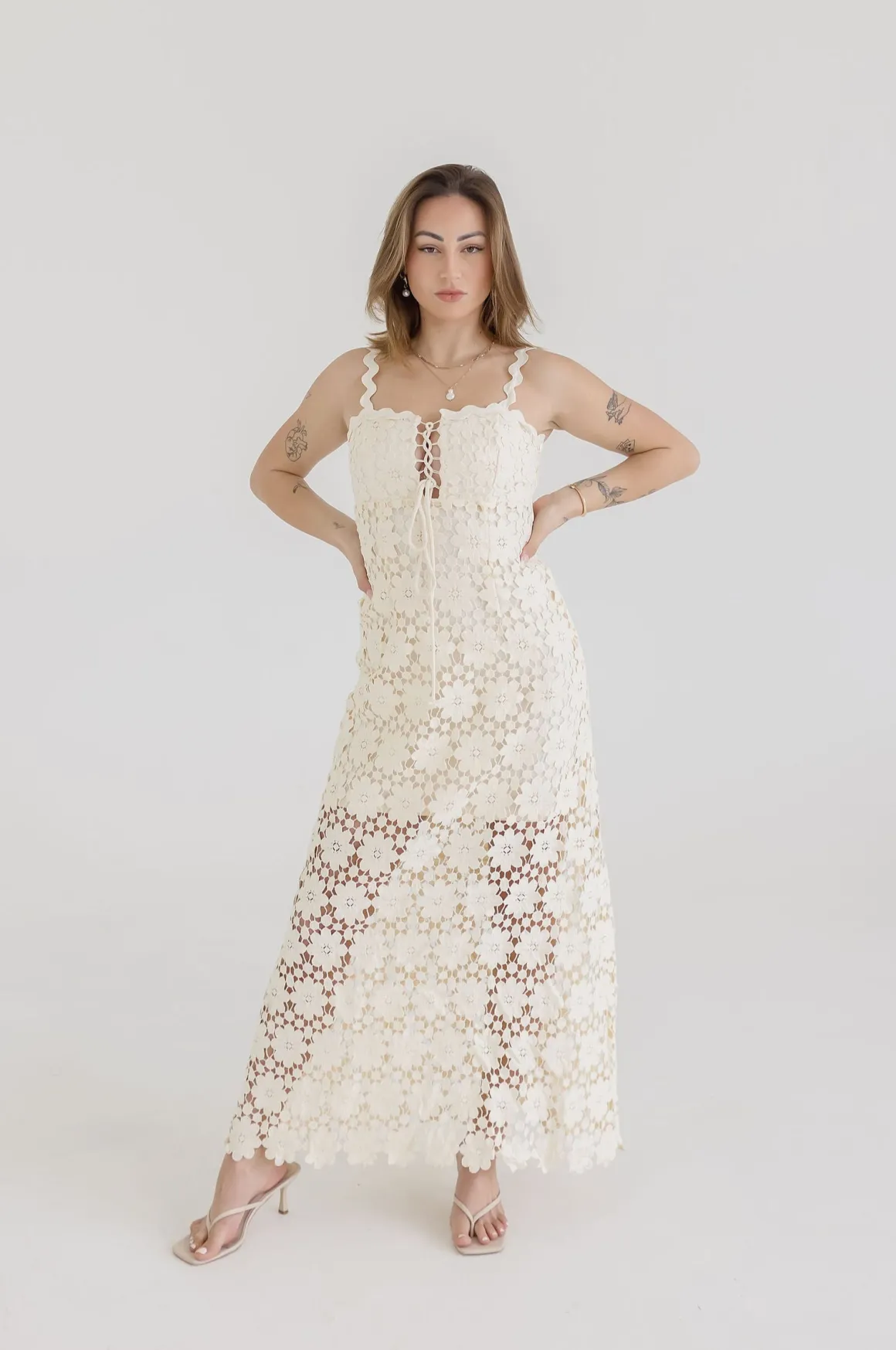 Wilder Sleeveless Crochet Floral Lace Maxi Dress Natural
