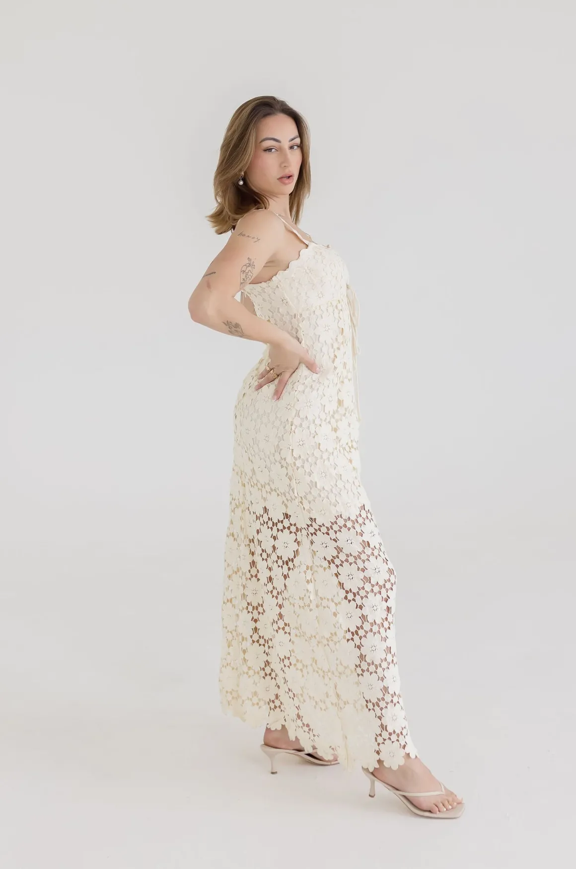 Wilder Sleeveless Crochet Floral Lace Maxi Dress Natural