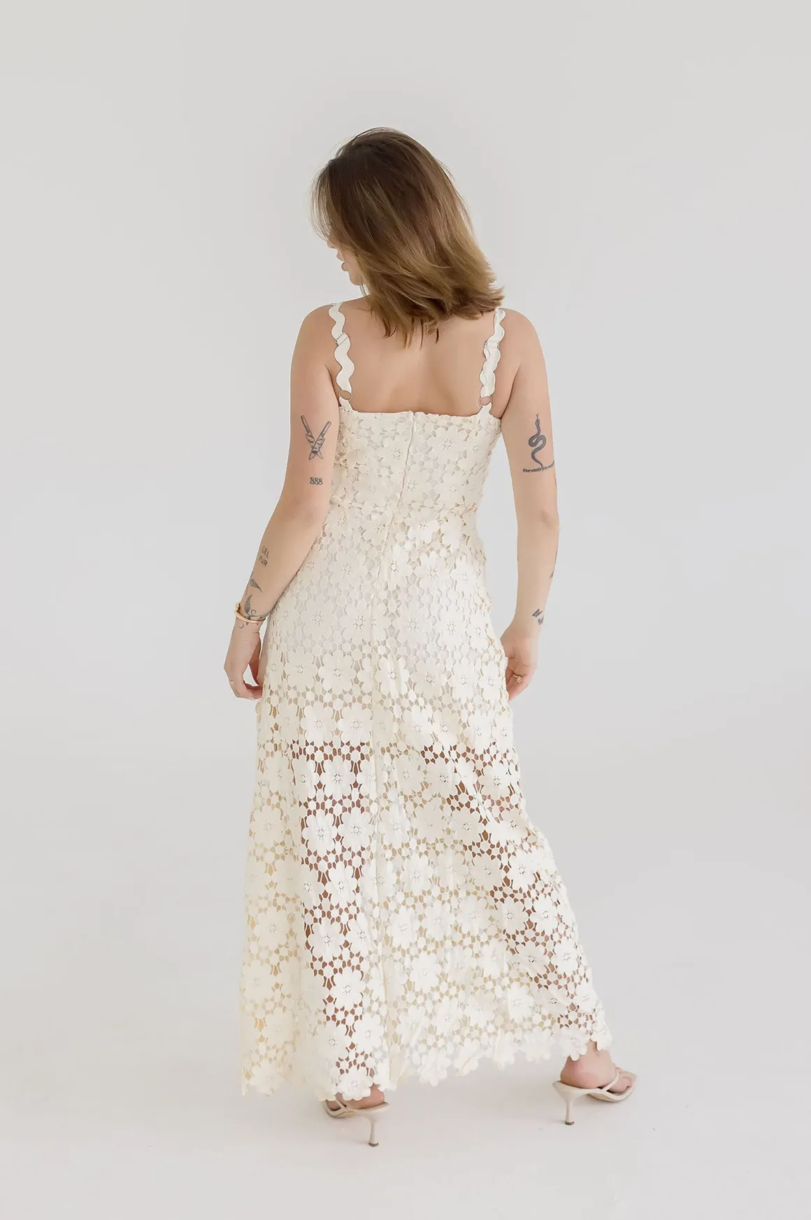 Wilder Sleeveless Crochet Floral Lace Maxi Dress Natural