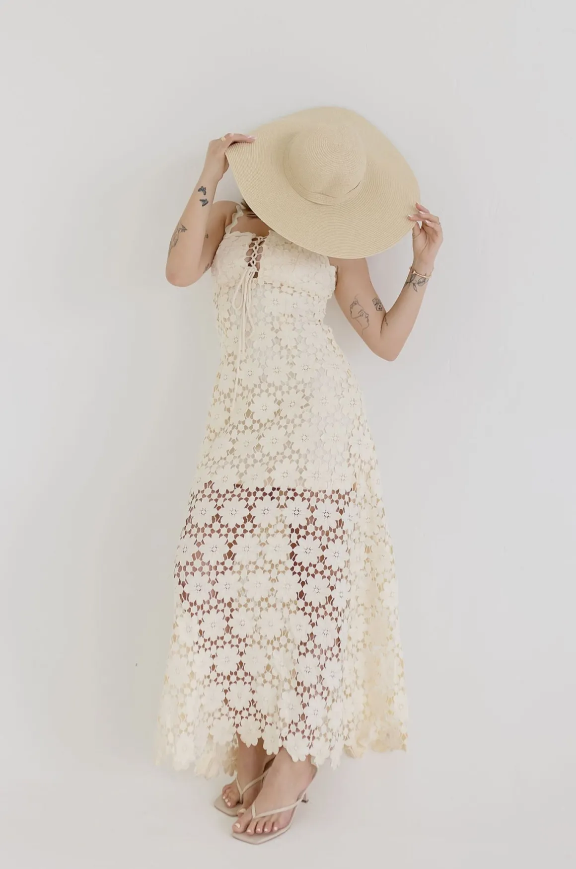 Wilder Sleeveless Crochet Floral Lace Maxi Dress Natural