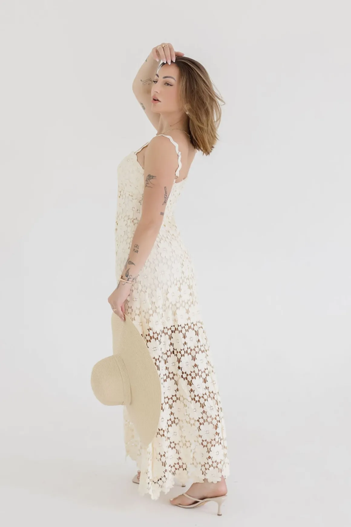 Wilder Sleeveless Crochet Floral Lace Maxi Dress Natural
