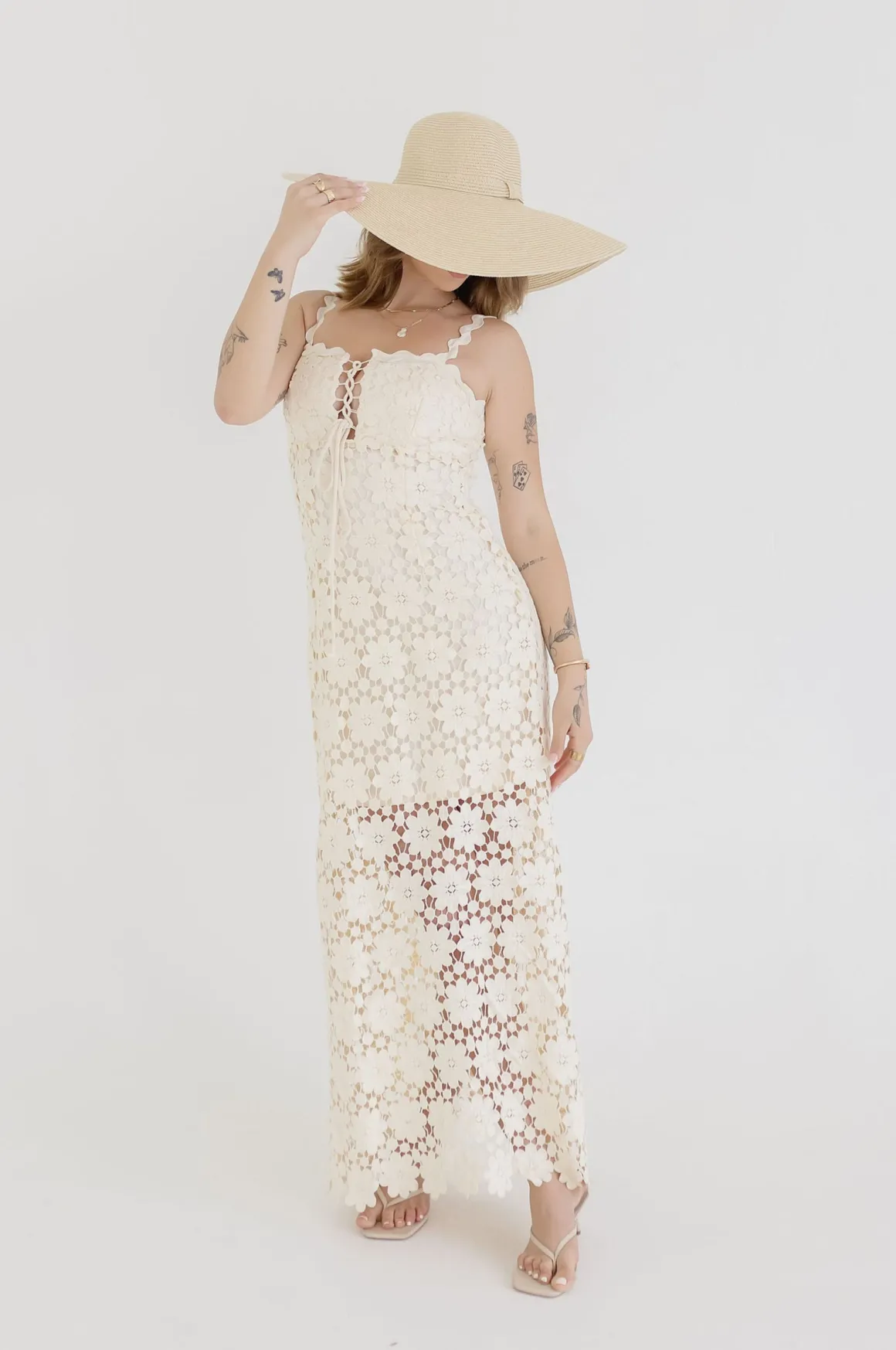 Wilder Sleeveless Crochet Floral Lace Maxi Dress Natural