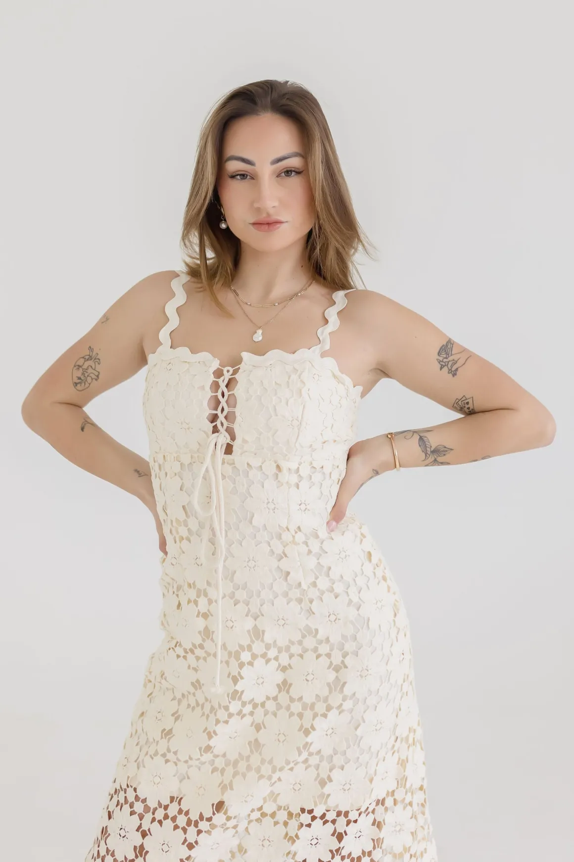 Wilder Sleeveless Crochet Floral Lace Maxi Dress Natural
