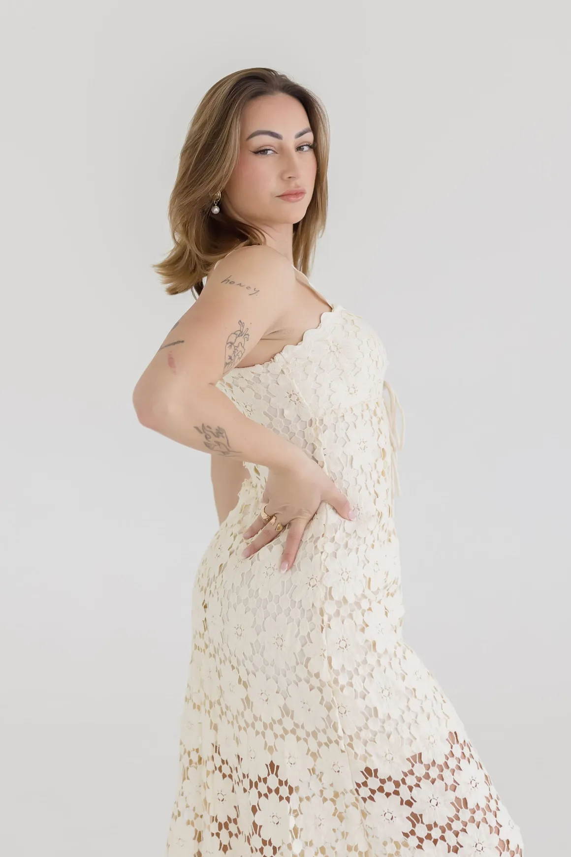 Wilder Sleeveless Crochet Floral Lace Maxi Dress Natural