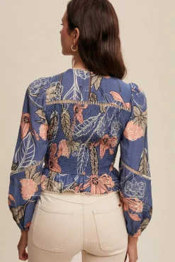 Willow Long Sleeve Floral Print Smocked Top Blue