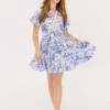 Winona Short Bubble Sleeve Waist Tie Floral Print Mini Dress Blue