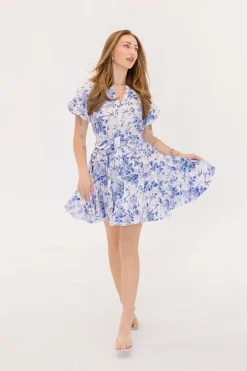 Winona Short Bubble Sleeve Waist Tie Floral Print Mini Dress Blue