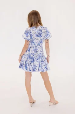 Winona Short Bubble Sleeve Waist Tie Floral Print Mini Dress Blue