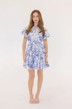 Winona Short Bubble Sleeve Waist Tie Floral Print Mini Dress Blue