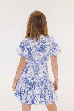 Winona Short Bubble Sleeve Waist Tie Floral Print Mini Dress Blue