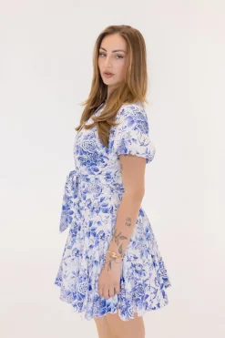 Winona Short Bubble Sleeve Waist Tie Floral Print Mini Dress Blue