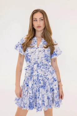 Winona Short Bubble Sleeve Waist Tie Floral Print Mini Dress Blue
