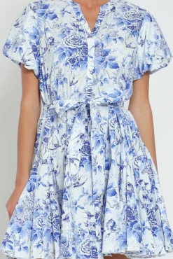 Winona Short Bubble Sleeve Waist Tie Floral Print Mini Dress Blue