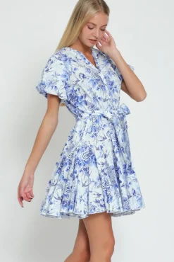 Winona Short Bubble Sleeve Waist Tie Floral Print Mini Dress Blue